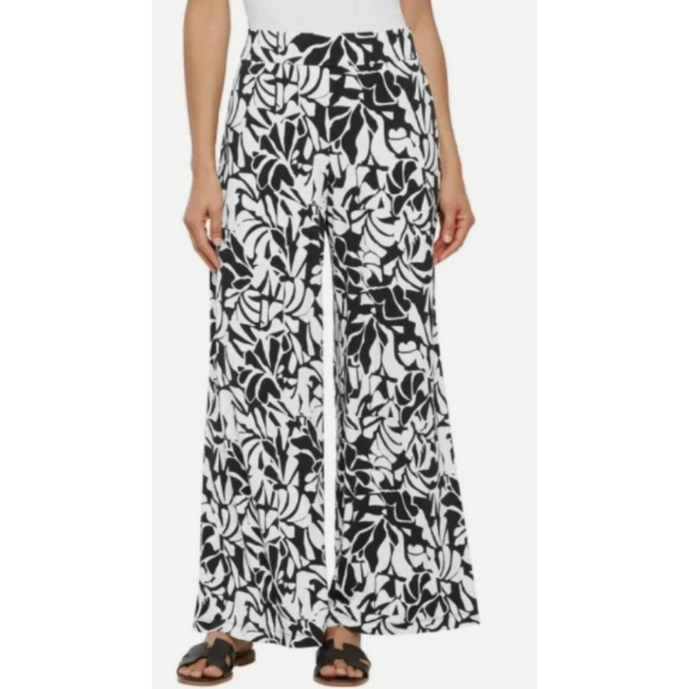 THREE DOTS Wide Leg Pull On Pants Size M Black White Geometric Floral‎ Print NWT